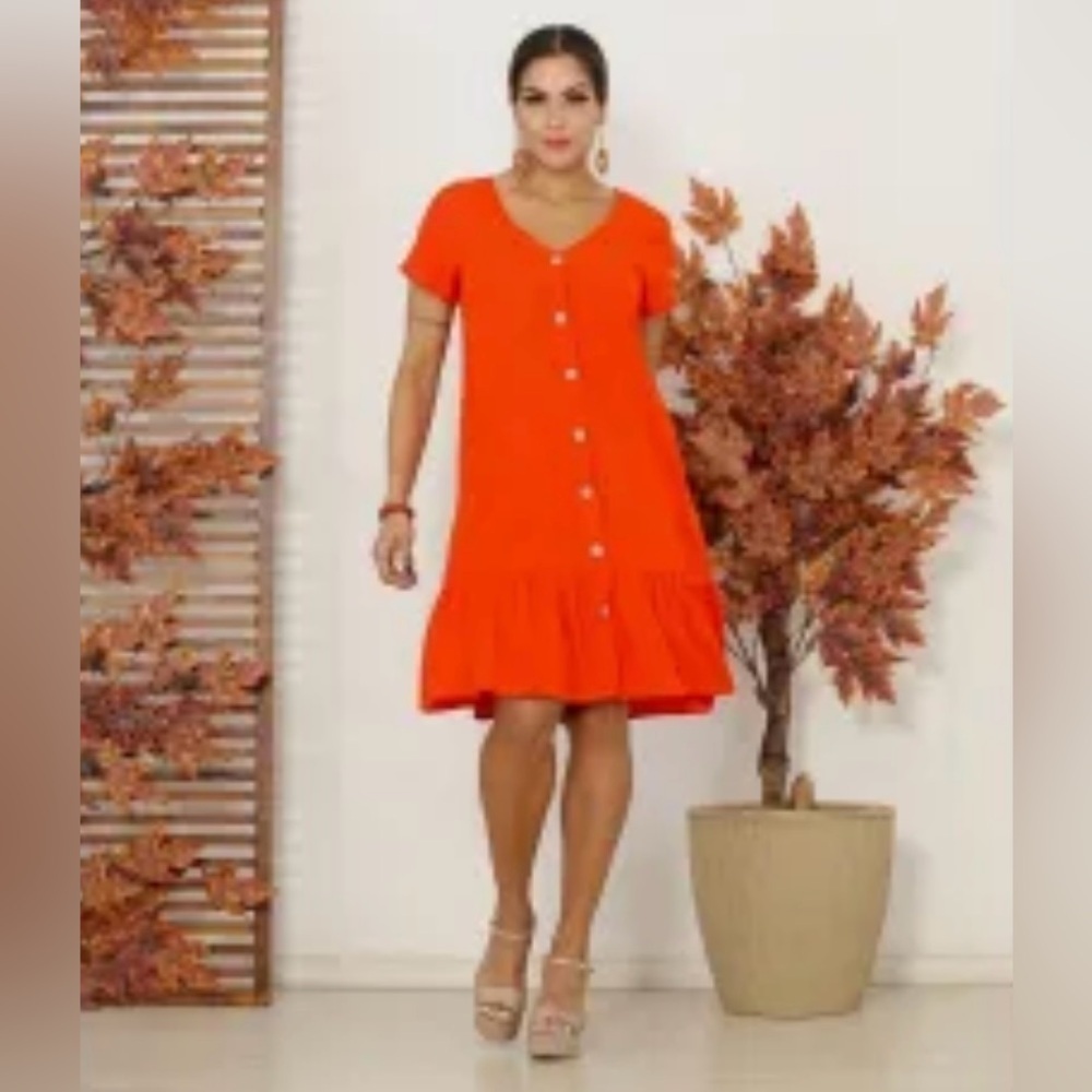 Chelsea & Violet Dress Rust Orange Bottom Ruffle Short Sleeve Boho Button-up
